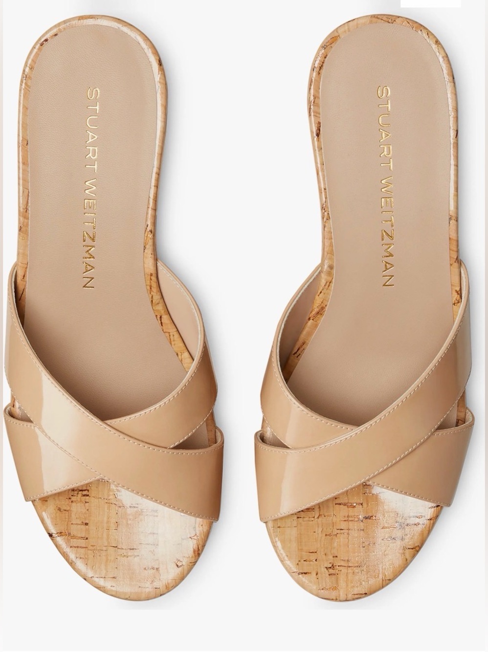 Stuart Weitzman Carmen Cork Wedge Sandals Beige Leather Slides Size 7 NWOB